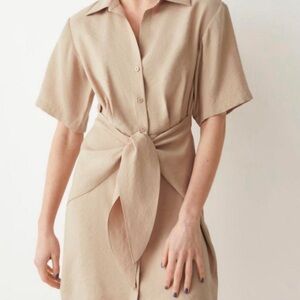 & Other Stories Tan Button Front Collared Dress with Tie Front